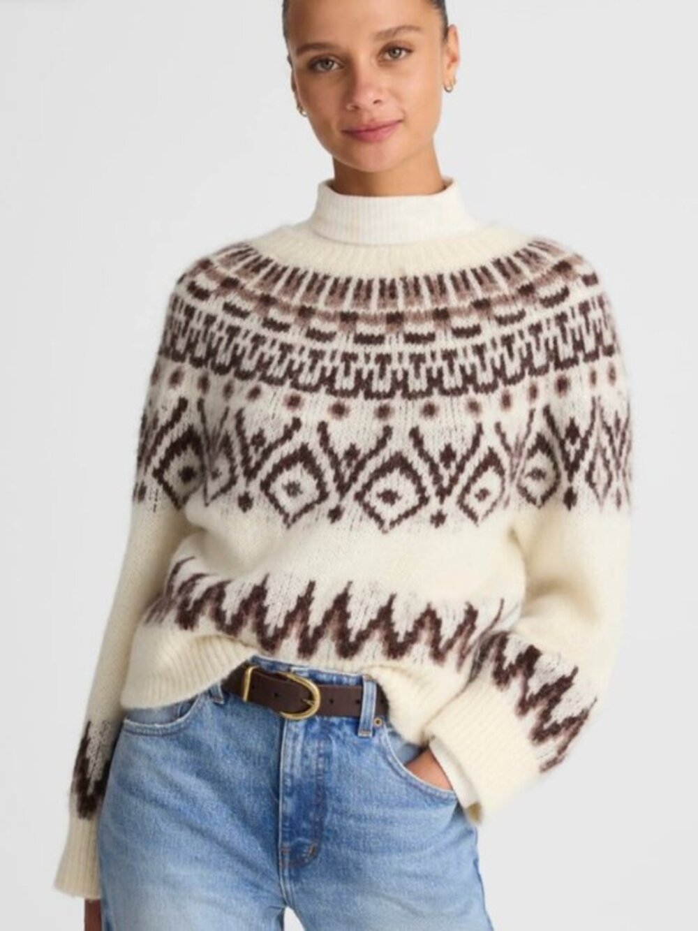 NWT Madewell Ivory and Brown Fair Isle Boxy Sweater